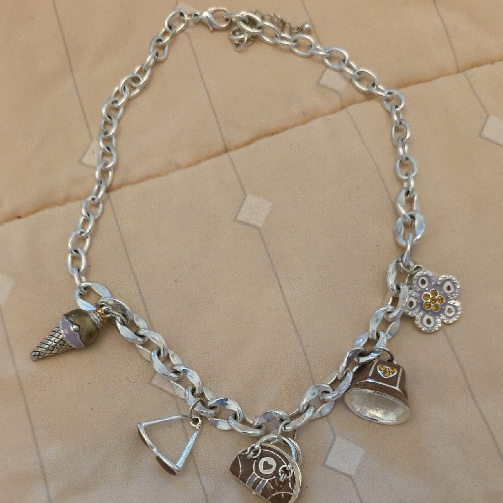 Silver Charm Necklace with Brown Accents